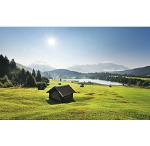 Landschaft mit Holzhütte, Wiese, See und Bergen