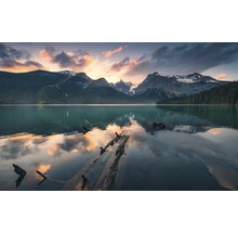 Landschaft mit Bergen, See und Baumstamm im Wasser