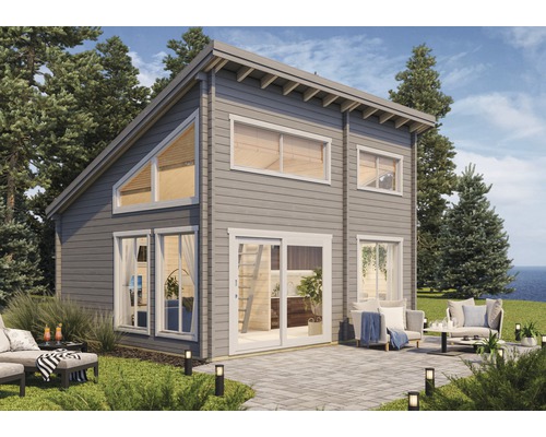 Modernes Gartenhaus mit Terrasse und Gartenmöbeln in naturnaher Umgebung.