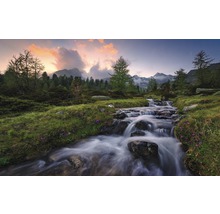 Bergbach fließt durch grüne Landschaft mit Bäumen und Bergen im Hintergrund