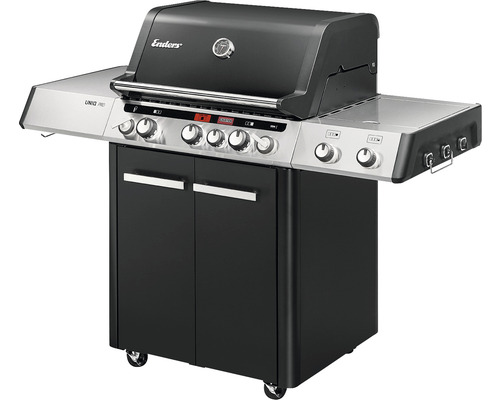 Gasgrill Enders 3 Brenner schwarz alu-silber inkl. Deckelthermometer,Fettauffangschale,Grillrost,Hitzebeständiger Griff,Hochleistungshitzezone,Seitenablage,Grillbesteckhalter Grillrost Gusseisen emailliert Enders Grillwagen mit Unterschrank und Seitenablagen
