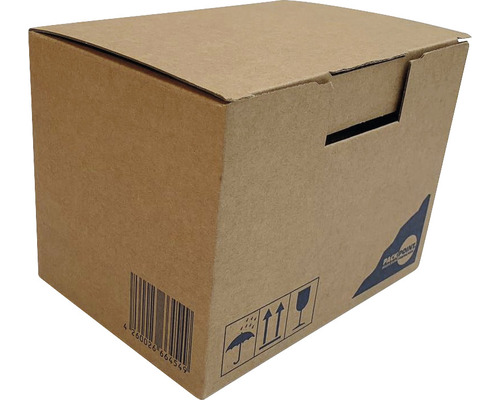 Brauner Karton mit Barcode und Symbolen für Verpackungshinweise