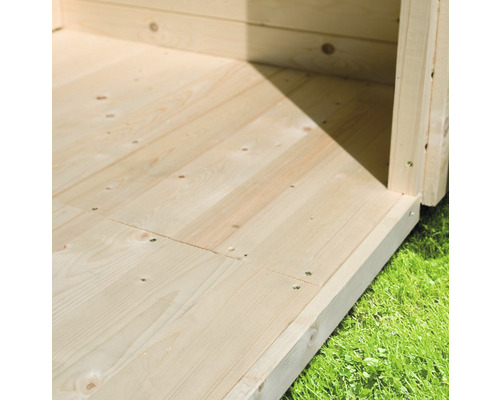Detailansicht vom Holzboden eines Gartenhauses