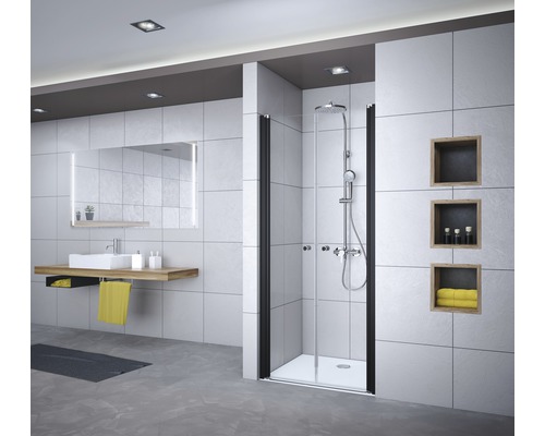 Pendeltür für Nische Breuer Elana 6 800x2000 mm Dekorglas Satiniert schwarz Modernes Badezimmer mit Dusche, Waschbecken und Spiegel