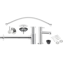 Waschtischarmatur, Eckventil, Siphon, Ablaufgarnitur und Flexschlauch als Set