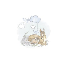 Illustration eines Reh mit Rehkitz neben Gänseblümchen und dem Schriftzug Gute Nacht