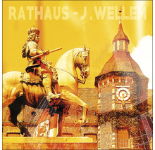 Abbildung des Rathauses mit Reiterstatue