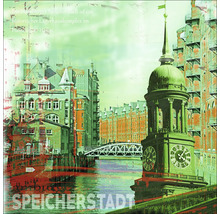 Speicherstadt Hamburg Grafik mit Lagerhäusern, Brücke und Turmuhr