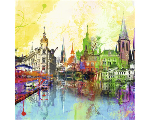 Dekoratives Wandbild mit Stadtmotiv und Gebäudereflexion im Wasser