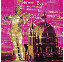 Dekoratives Wandbild mit einer Statue, einem Gebäude und Notenblattmotiven
