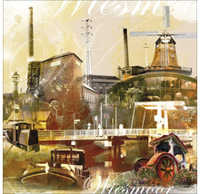 Collage von Sehenswürdigkeiten in Wiesmoor, darunter Mühle, Fabrik und Brücke