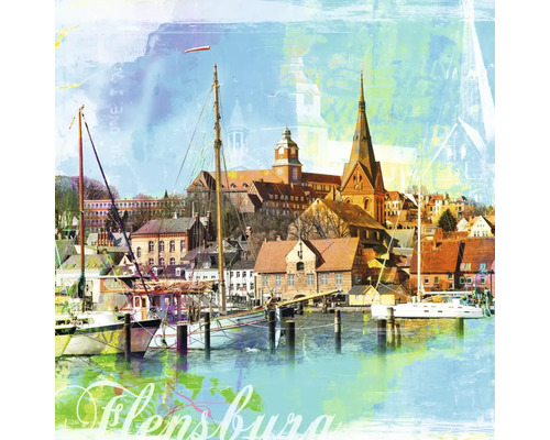 Illustration der Stadt Flensburg mit Häusern, Kirchen und Segelbooten