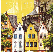 Illustration der Altstadt von Köln mit Häusern und einem Teil einer Kirche