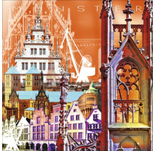 Münster Architektur Collage mit Gebäuden und einem Kran