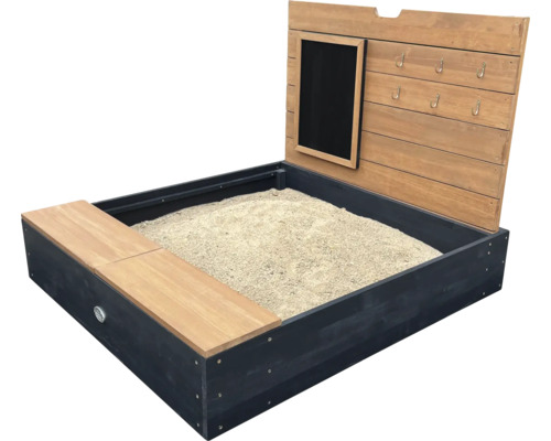 Sandkasten mit Tafel und Sitzbank aus Holz