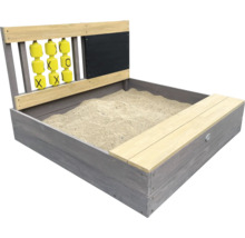 Sandkasten aus Holz mit Sitzbank, Spielzeug und Tafel