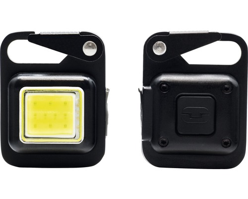 Schwarze LED-Taschenlampe mit Karabinerhaken, Vorder- und Rückansicht