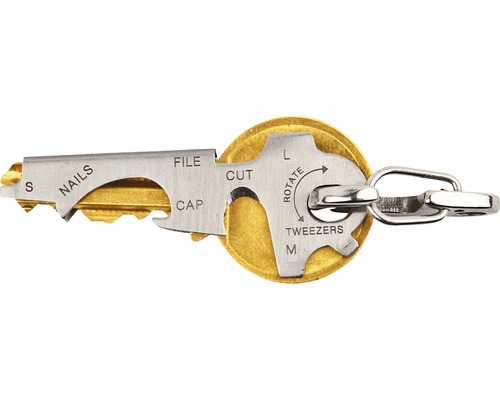 Multifunktionswerkzeug in Schlüsselform mit verschiedenen Funktionen und Karabinerhaken