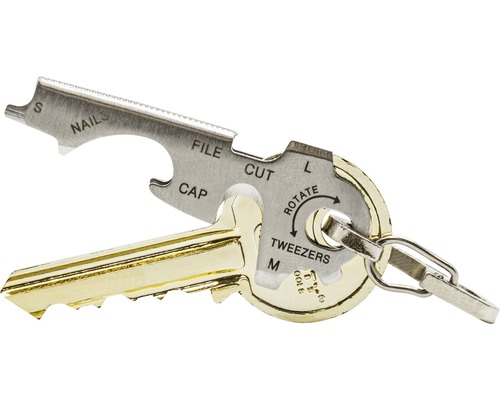 Multifunktionswerkzeug in Schlüsselanhängerform mit Werkzeugen wie Nagelwerkzeug, Feile, Kapselheber, Schneider und Pinzette