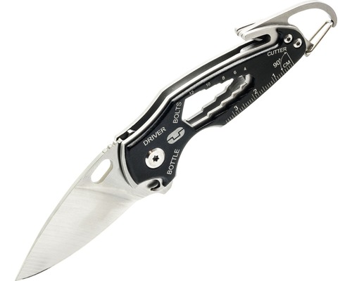 Multifunktionsmesser mit Klinge, Schraubendreher, Bolzenschneider, Flaschenöffner, Gurtschneider und Karabiner