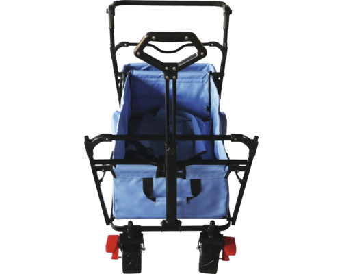 Bollerwagen mit blauem Stoffbezug und schwarzem Rahmen