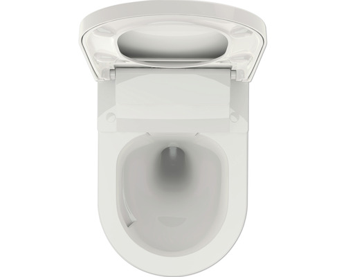 Aufnahme von oben einer wandhängenden Toilette mit geöffnetem Toilettendeckel.