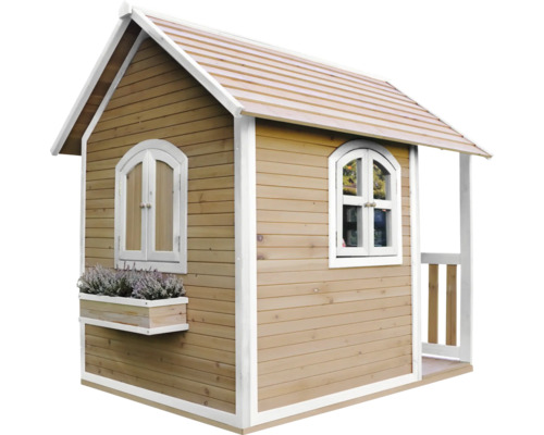 Spielhaus aus Holz mit Fenster und Blumenkasten
