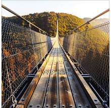 Holzhängebrücke mit Stahlseilen und Maschendrahtzaun