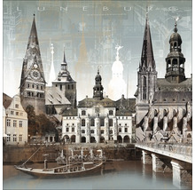 Illustration der Stadt Lüneburg mit ihren historischen Gebäuden und dem Fluss Ilmenau