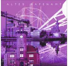 Altes Hafenamt Collage mit Gebäude, Hafenkränen und Containern