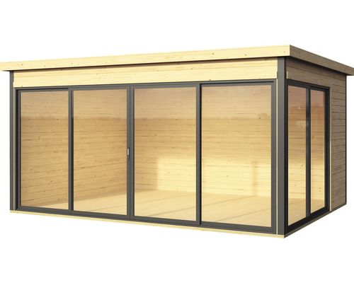 Holzgartenhaus mit Glasschiebetüren