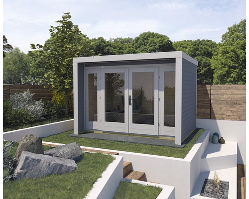 Gartenhaus weka Design inkl. Fußboden 295 x 235 cm hellgrau Gartenhaus mit Doppeltür in einem gepflegten Garten