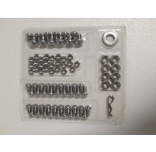 Sortiment mit Schrauben, Muttern, Unterlegscheiben und Splint in Kunststoffverpackung