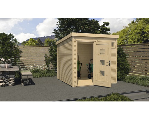 Gartenhaus weka Typ 171 Gr. 2 inkl. Fußboden 308 x 313 cm natur Gartenszene mit Holzgartenhaus und geöffneter Tür, in der Gartengeräte stehen