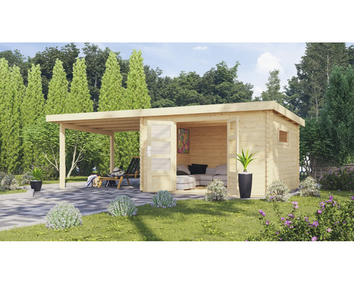Gartenhaus Karibu Tossens inkl. Unterkonstruktion Schleppdach Fenster 669 x 297 cm Gartenhaus mit Terrasse und Gartenmöbeln im Grünen.