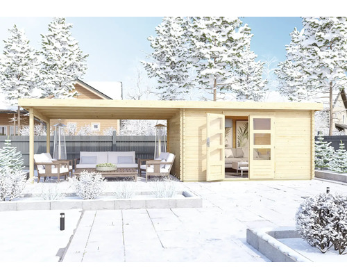Gartenhaus Karibu Tossens inkl. Unterkonstruktion Schleppdach Fenster 769 x 297 cm Holzgartenhaus mit überdachter Terrasse und Gartenmöbeln im Winter