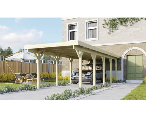 Einzelcarport Karibu Dahnen 3 Variante A 318x860 cm kesseldruckimprägniert Carport aus Holz mit einem Auto auf einer Auffahrt vor einem Haus.