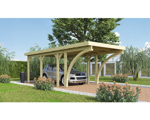 Einzelcarport Karibu Dahnen 2 Variante C 318x670 cm kesseldruckimprägniert Holz Carport mit Auto in einem Garten