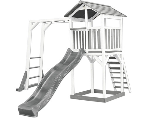 Spielturm axi Beach 270,4 x 349 cm Holz weiß inkl. Kletterwand Rutsche grau Spielturm mit Rutsche, Leiter und Klettergerüst für den Garten