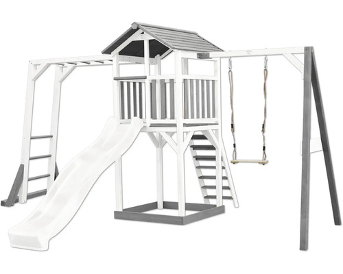 Spielturm aus Holz mit Rutsche, Schaukel und Klettergerüst
