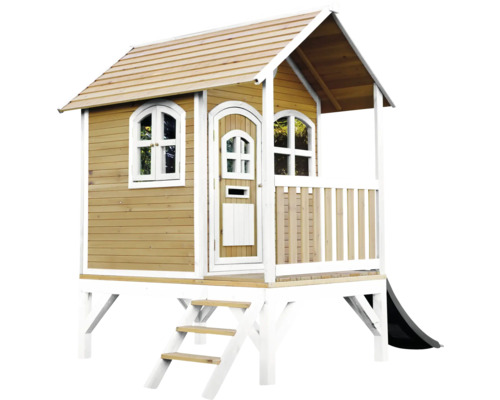 Holzspielhaus mit Rutsche und Treppe