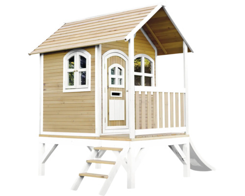 Spielhaus aus Holz mit Rutsche, Treppe, Fenstern und Tür