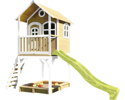 Spielhaus mit Stelzen axi Sarah 370 x 191 cm Holz braun inkl. Rutsche grün Spielhaus mit Rutsche und Sandkasten für den Garten