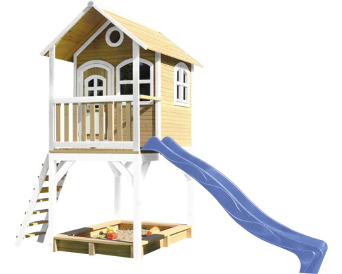 Spielhaus mit Stelzen axi Sarah 370 x 191 cm Holz braun inkl. Rutsche blau Spielhaus mit Rutsche und Sandkasten für den Garten
