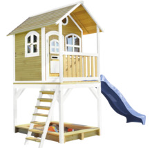 Holzspielhaus mit Rutsche, Sandkasten und Treppe
