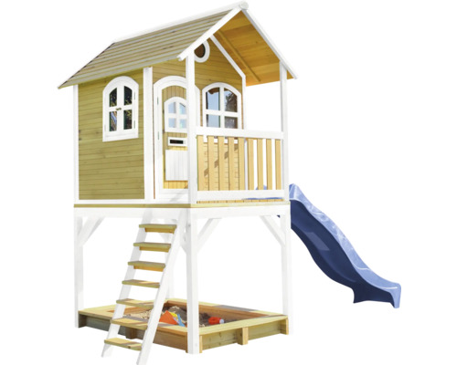Holzspielhaus mit Rutsche, Sandkasten und Treppe