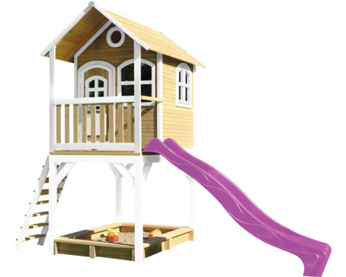 Spielhaus mit Stelzen axi Sarah 370 x 191 cm Holz braun inkl. Rutsche lila Spielhaus mit Rutsche und Sandkasten für den Garten