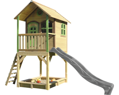 Spielhaus mit Stelzen axi Sarah 370 x 191 cm Holz braun/grün inkl. Rutsche grau Spielhaus aus Holz mit Rutsche und Sandkasten