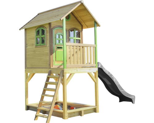 Holzspielhaus mit Rutsche, Leiter und Sandkasten