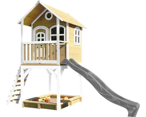 Spielhaus mit Stelzen axi Sarah 370 x 191 cm Holz braun/weiß inkl. Rutsche grau Spielhaus mit Rutsche und Sandkasten für den Garten